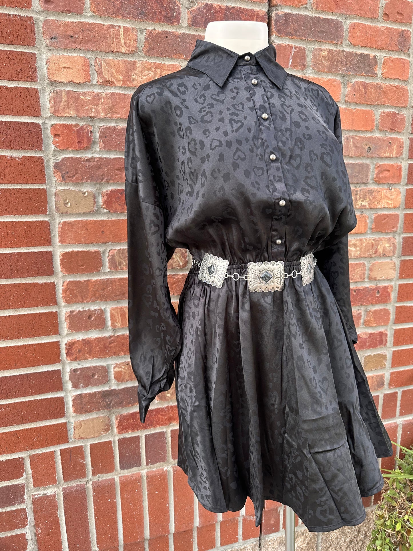 Black Animal Print Collared Long Sleeve Dress