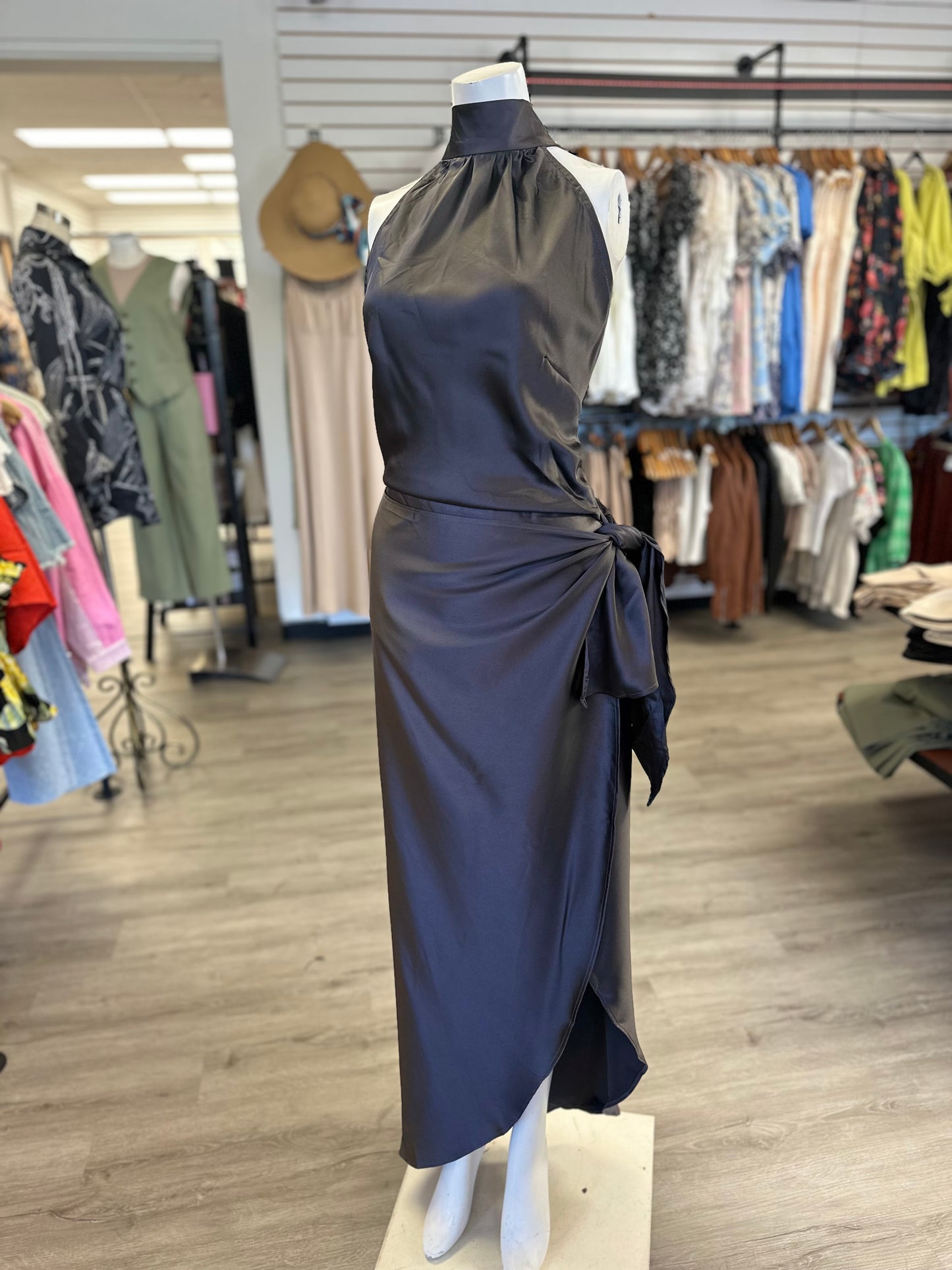 Satin Halter Formal Wrap Dress
