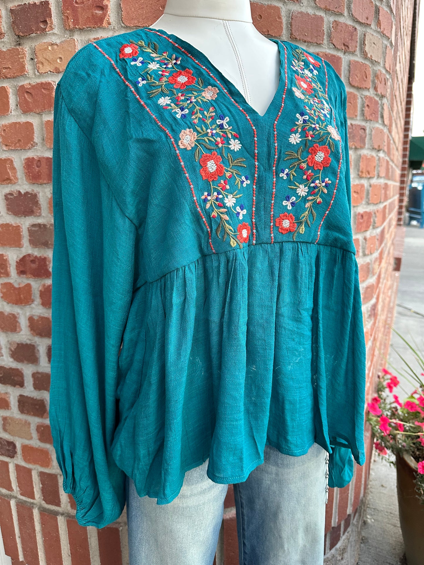 Teal Floral Embroidered Blouse