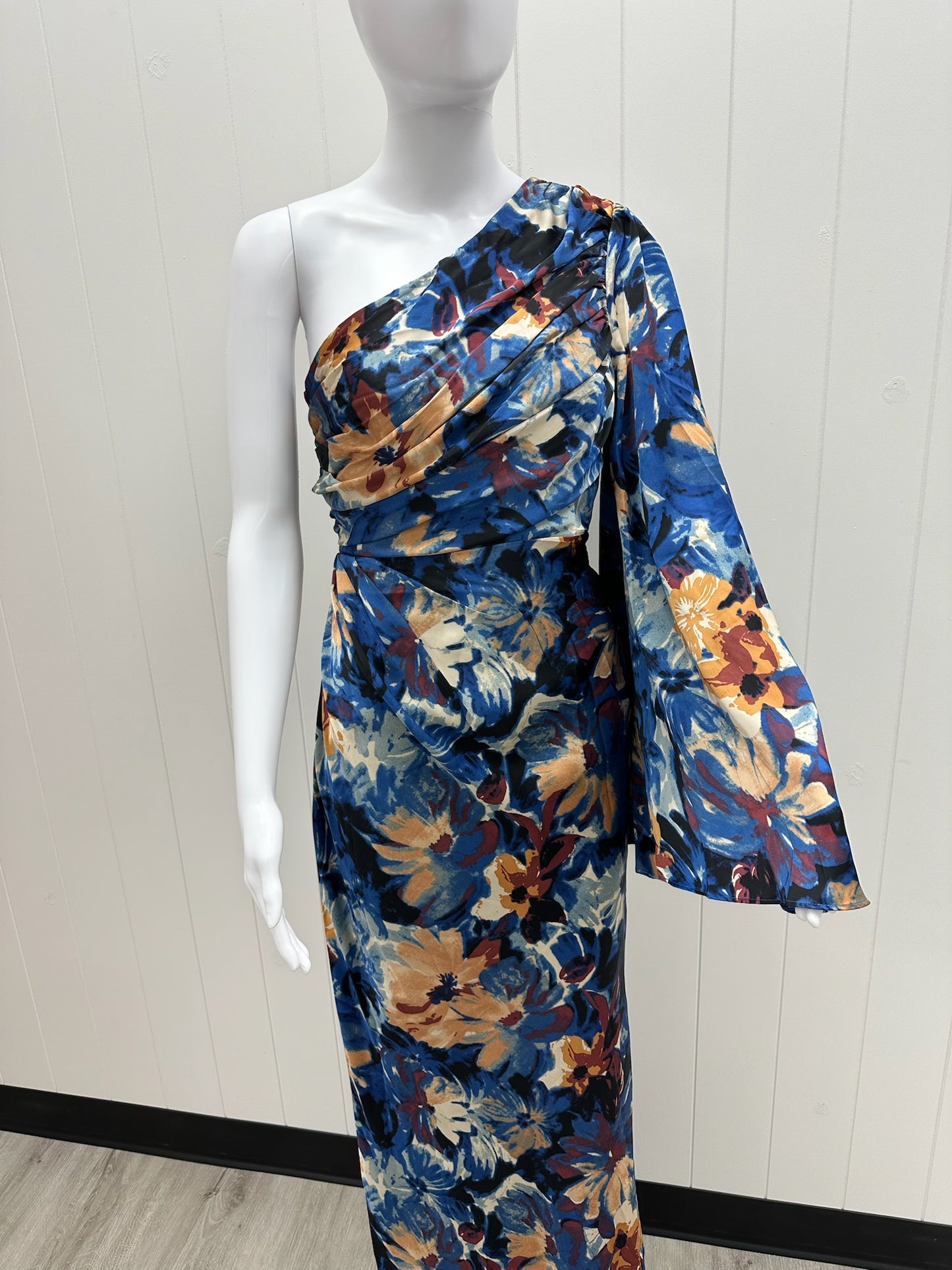 Blue Floral One Sleeve Formal Dress