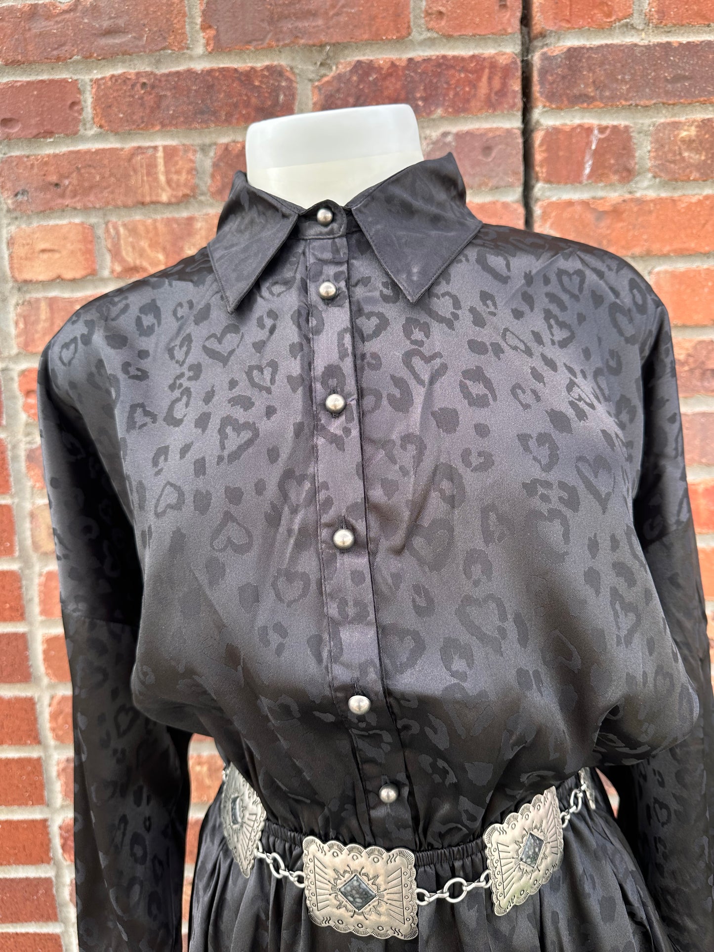 Black Animal Print Collared Long Sleeve Dress