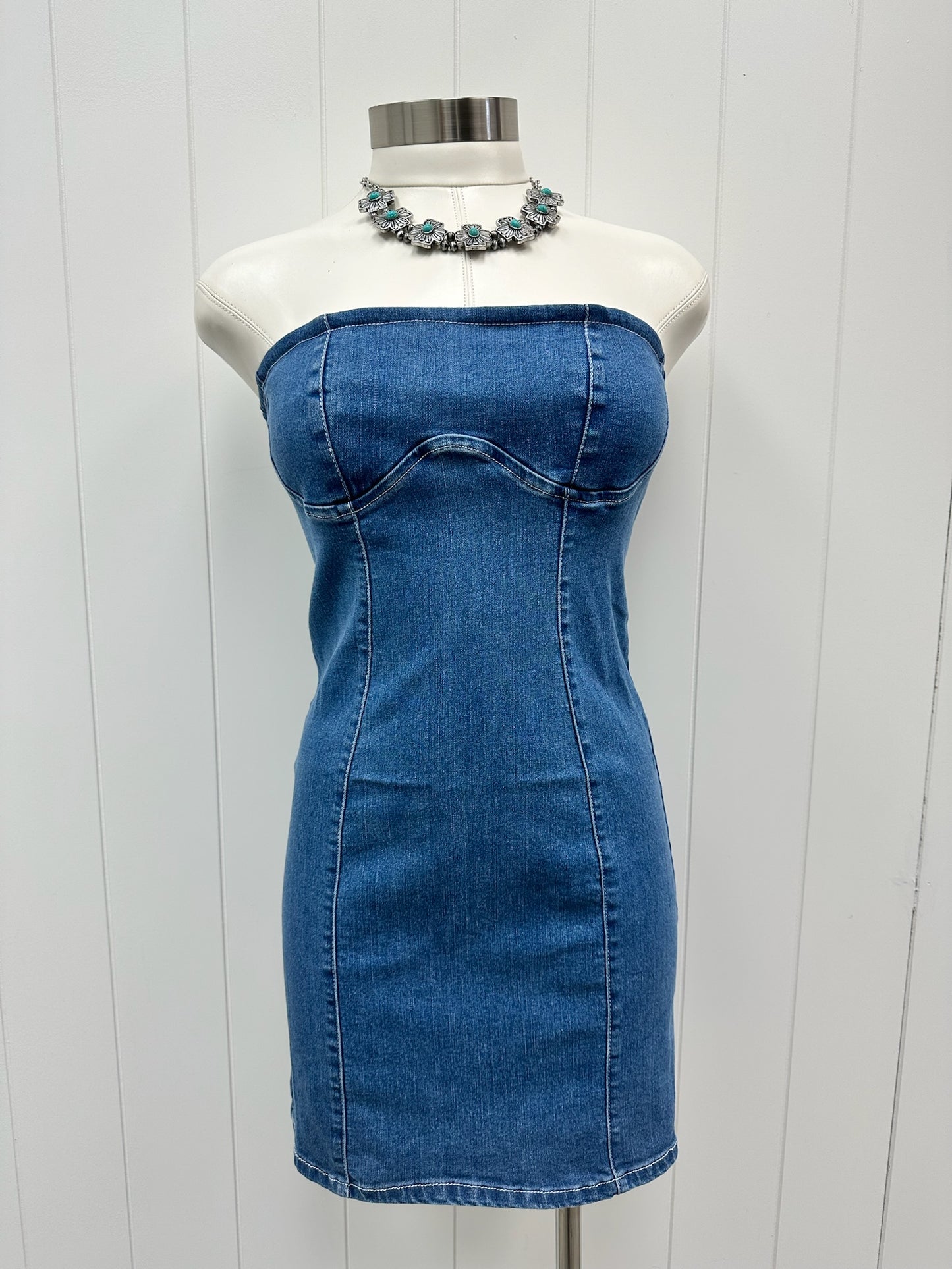 Denim Strapless Fitted Dress