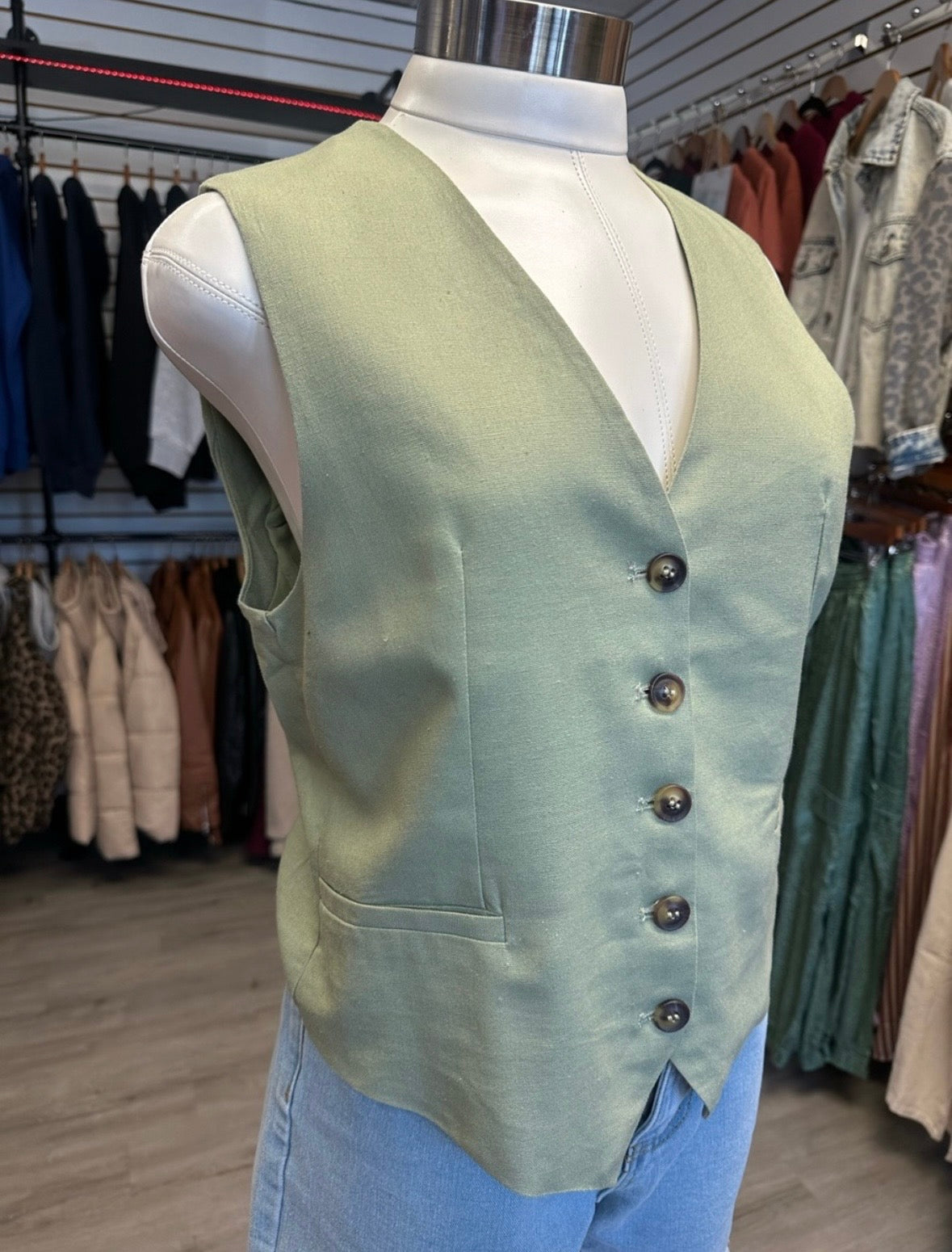 Green Linen Button Up Vest