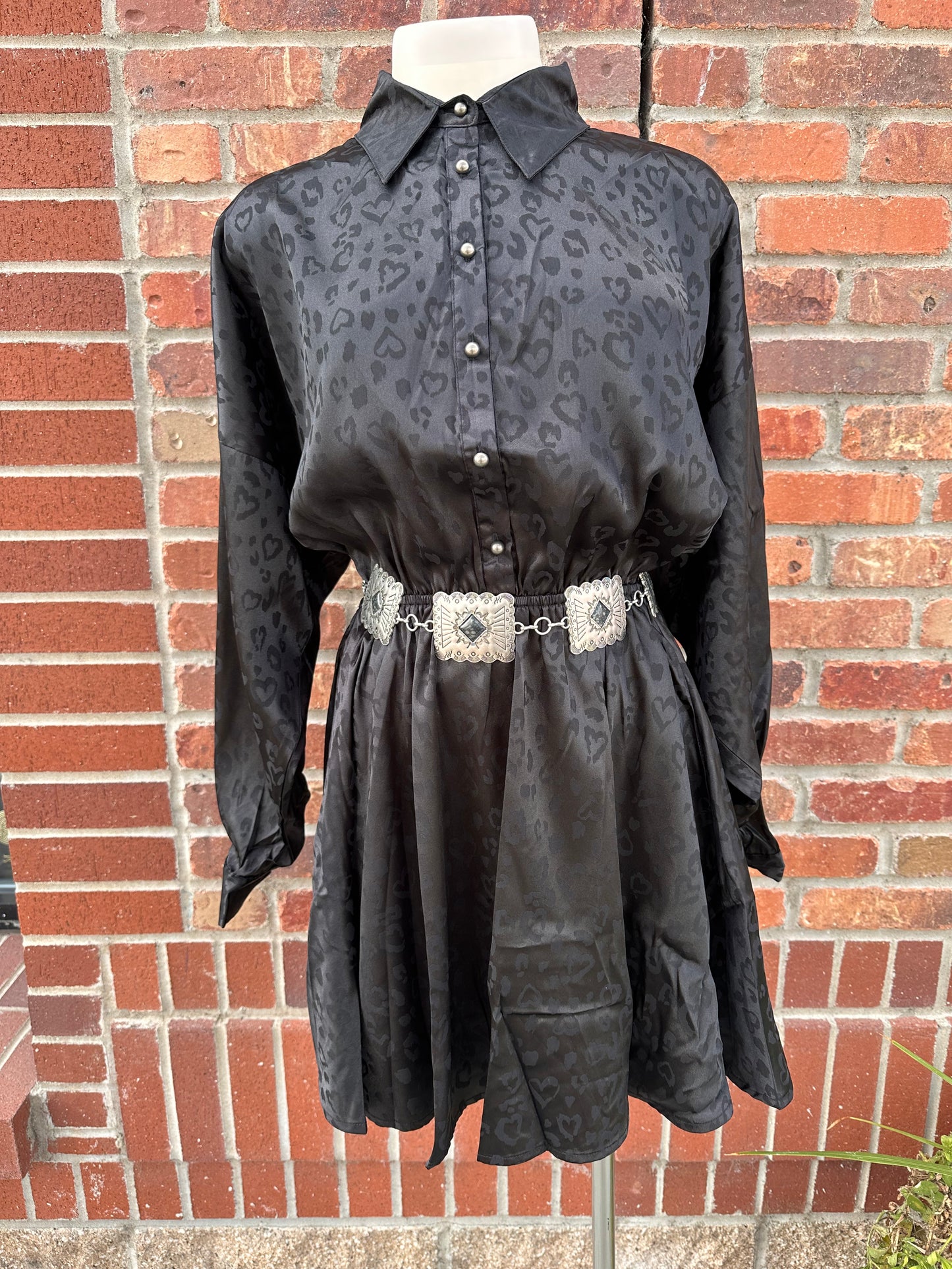 Black Animal Print Collared Long Sleeve Dress