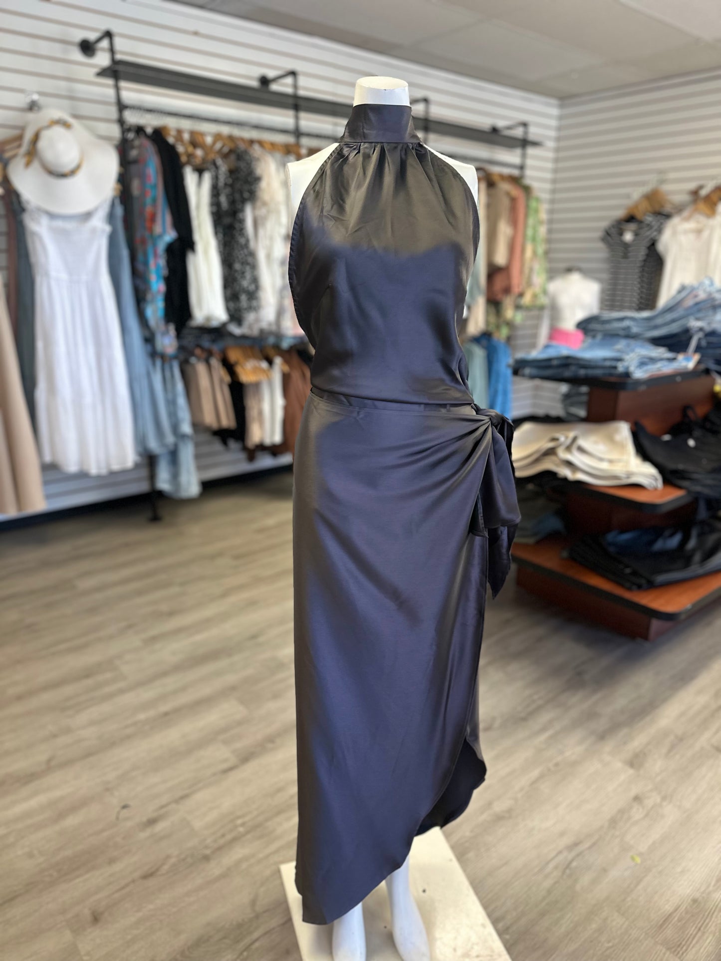 Satin Halter Formal Wrap Dress