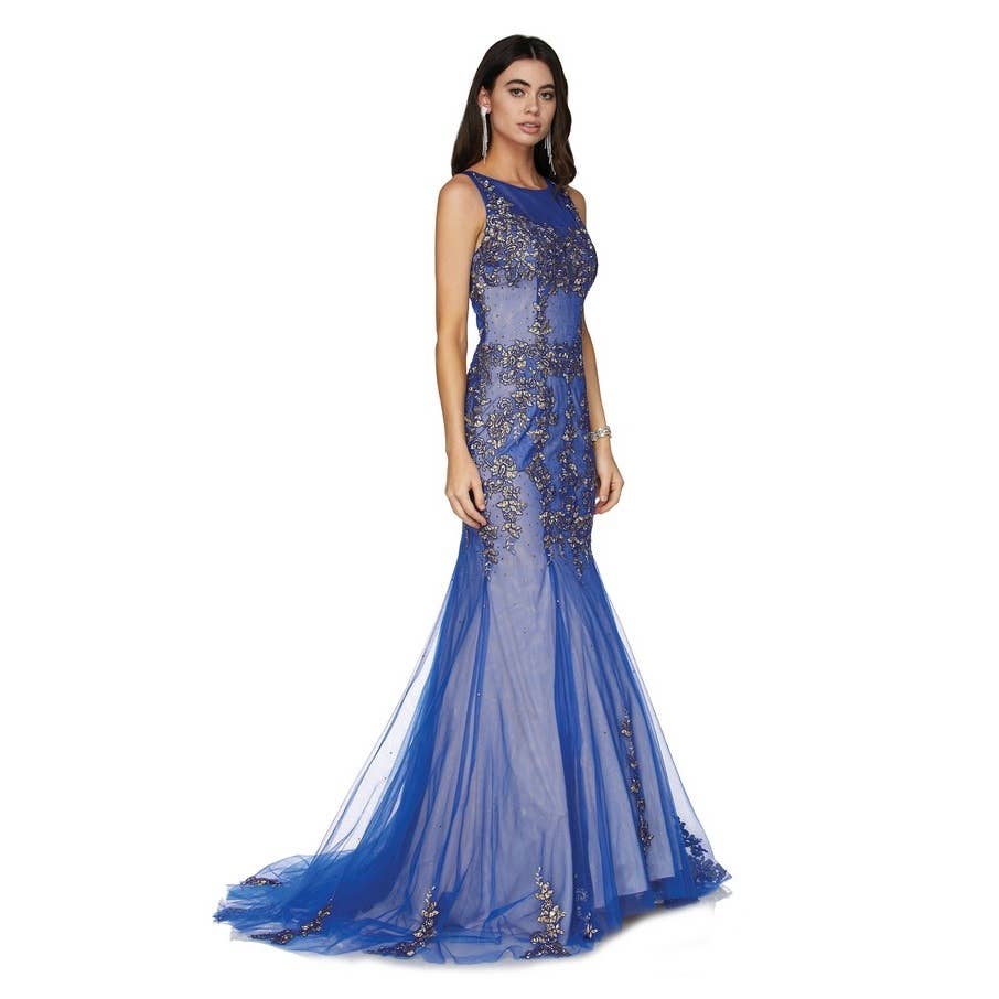 Royal Blue Gold Floral Mermaid Formal Gown