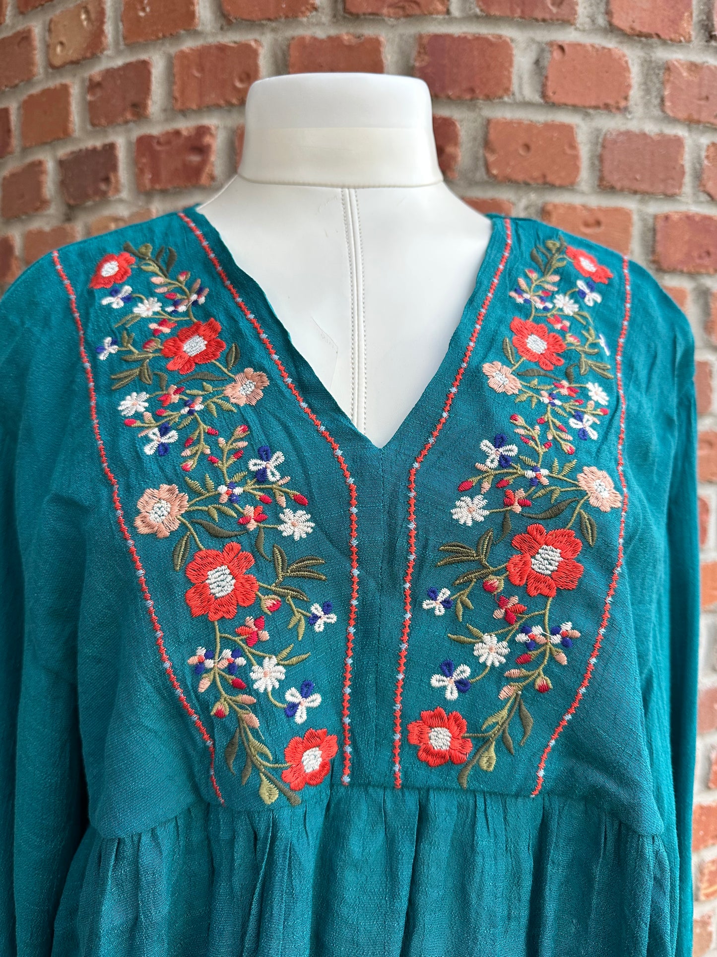 Teal Floral Embroidered Blouse