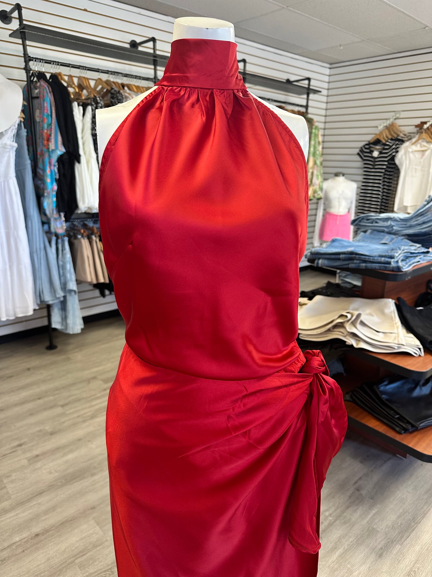 Satin Halter Formal Wrap Dress