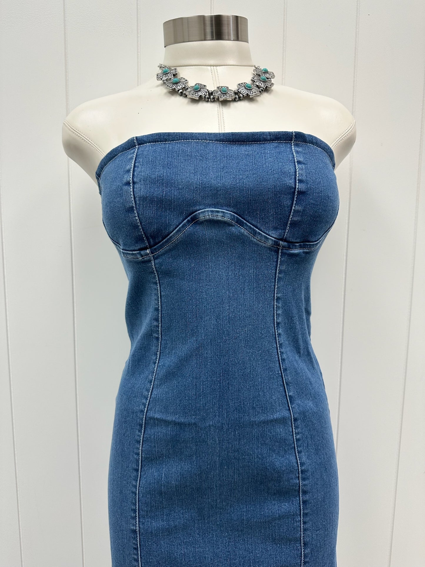 Denim Strapless Fitted Dress