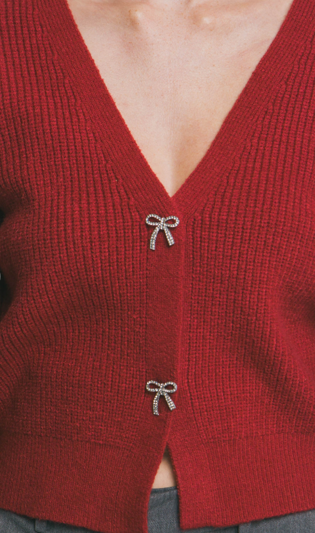 Ribbed Red Bow Cardigan