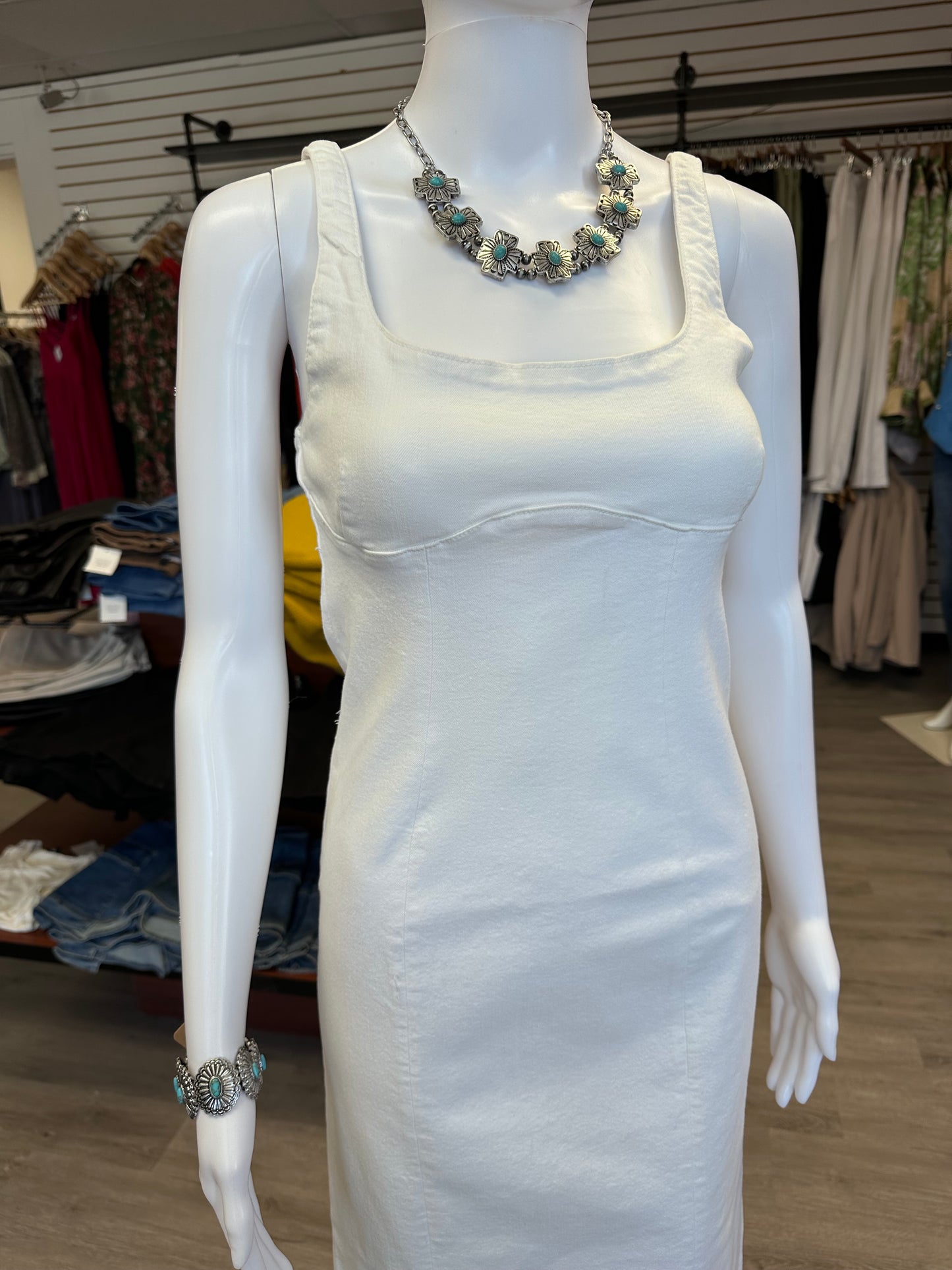 White Denim Midi Fitted Dress