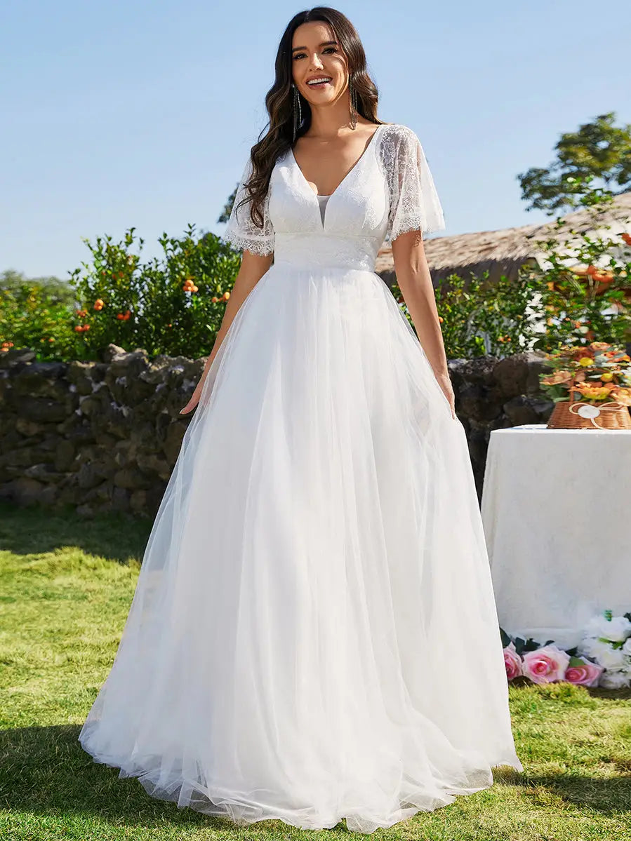 A-Line V-Neck Lace Embroidery Wedding Dresses