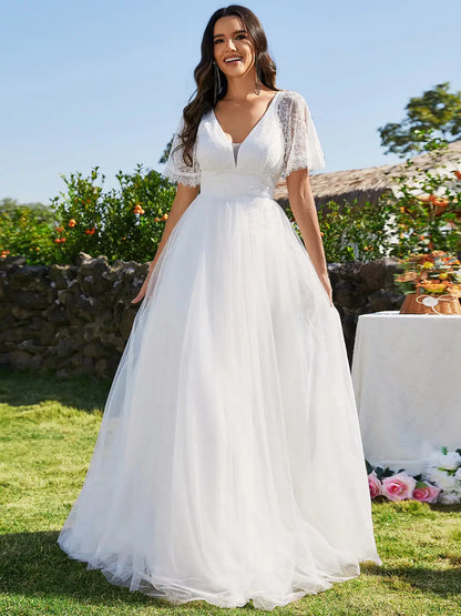 A-Line V-Neck Lace Embroidery Wedding Dresses