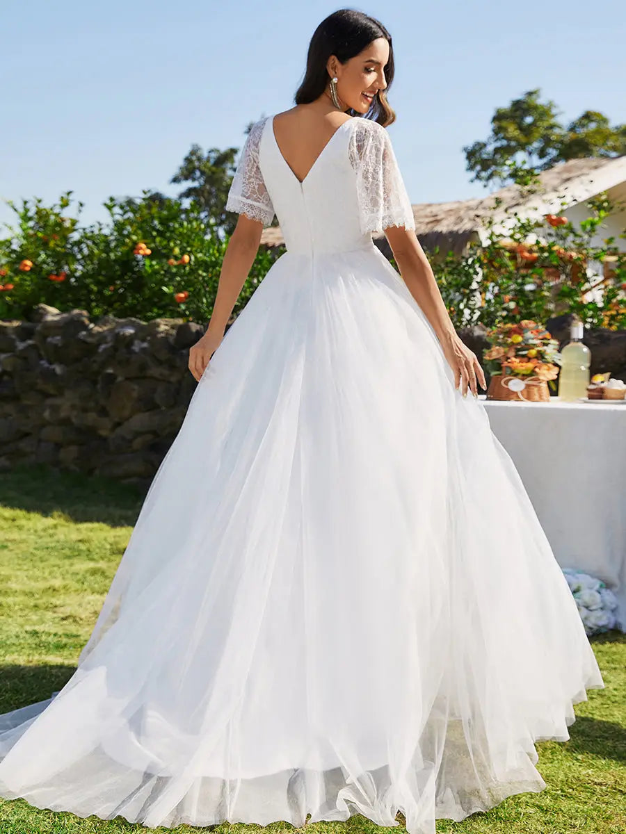 A-Line V-Neck Lace Embroidery Wedding Dresses