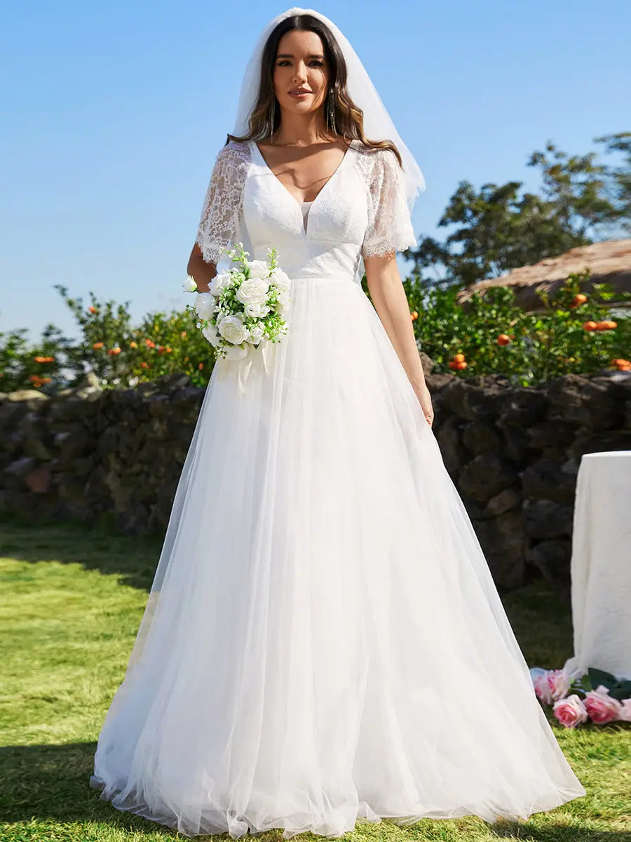 A-Line V-Neck Lace Embroidery Wedding Dresses