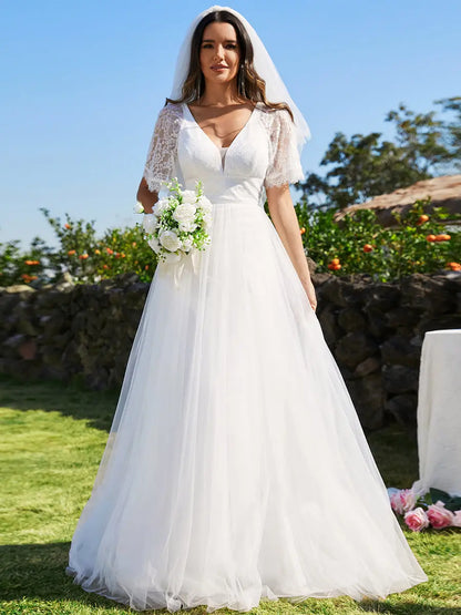 A-Line V-Neck Lace Embroidery Wedding Dresses