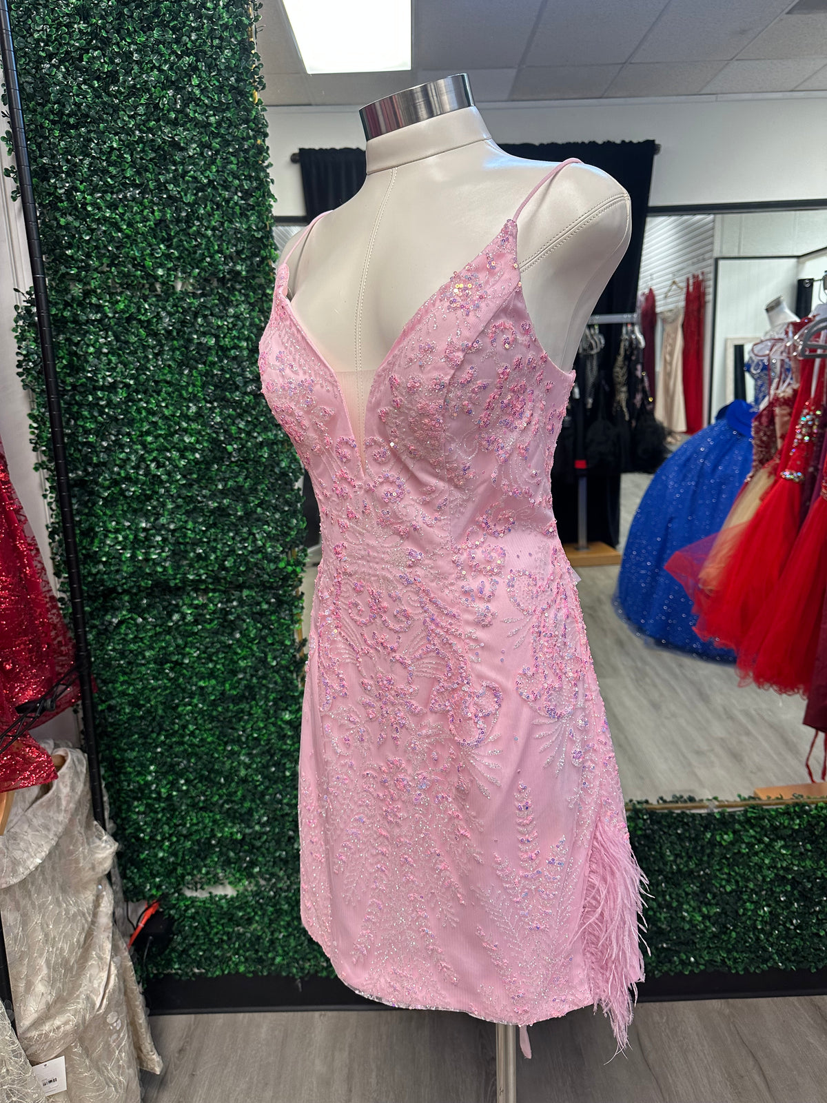 Light Pink Sequin Feather FItted Mini Dress