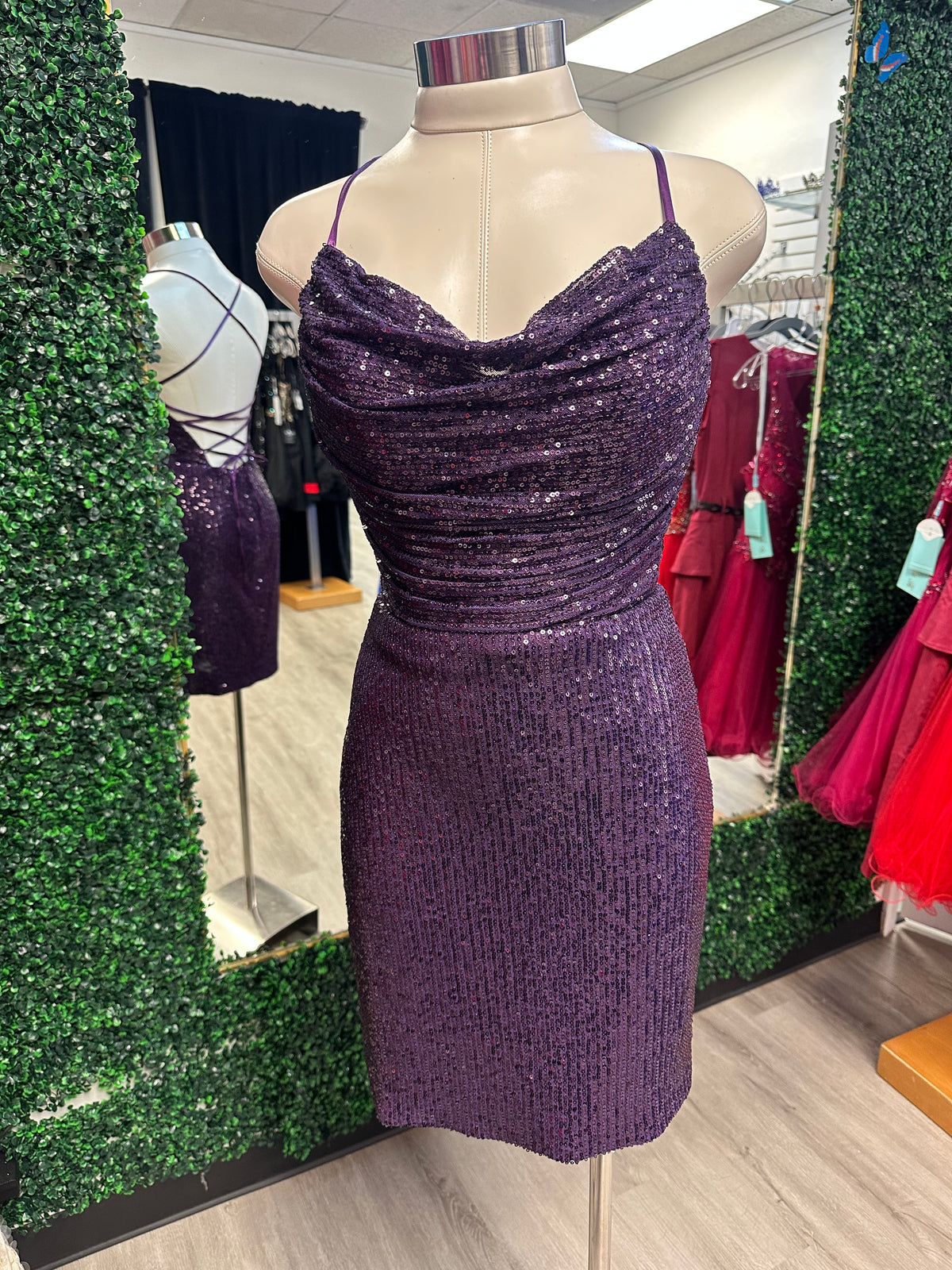 Purple Sequin Fitted Cowl Neck Dress