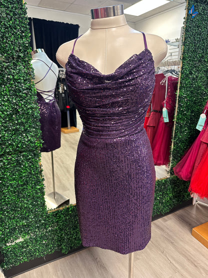 Purple Sequin Fitted Cowl Neck Dress