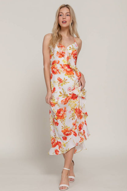 Floral Printed Ruffle Slip Midi Dress