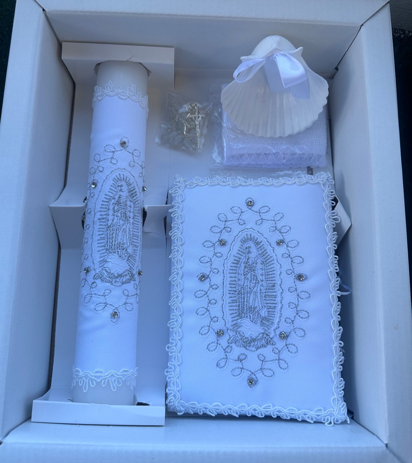 Baptism White Silver Virgin Mary Embroidered Candle Set