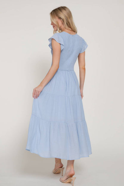 Ruffle Sleeve Crew Neck Smocked Detail Solid Tired Dress