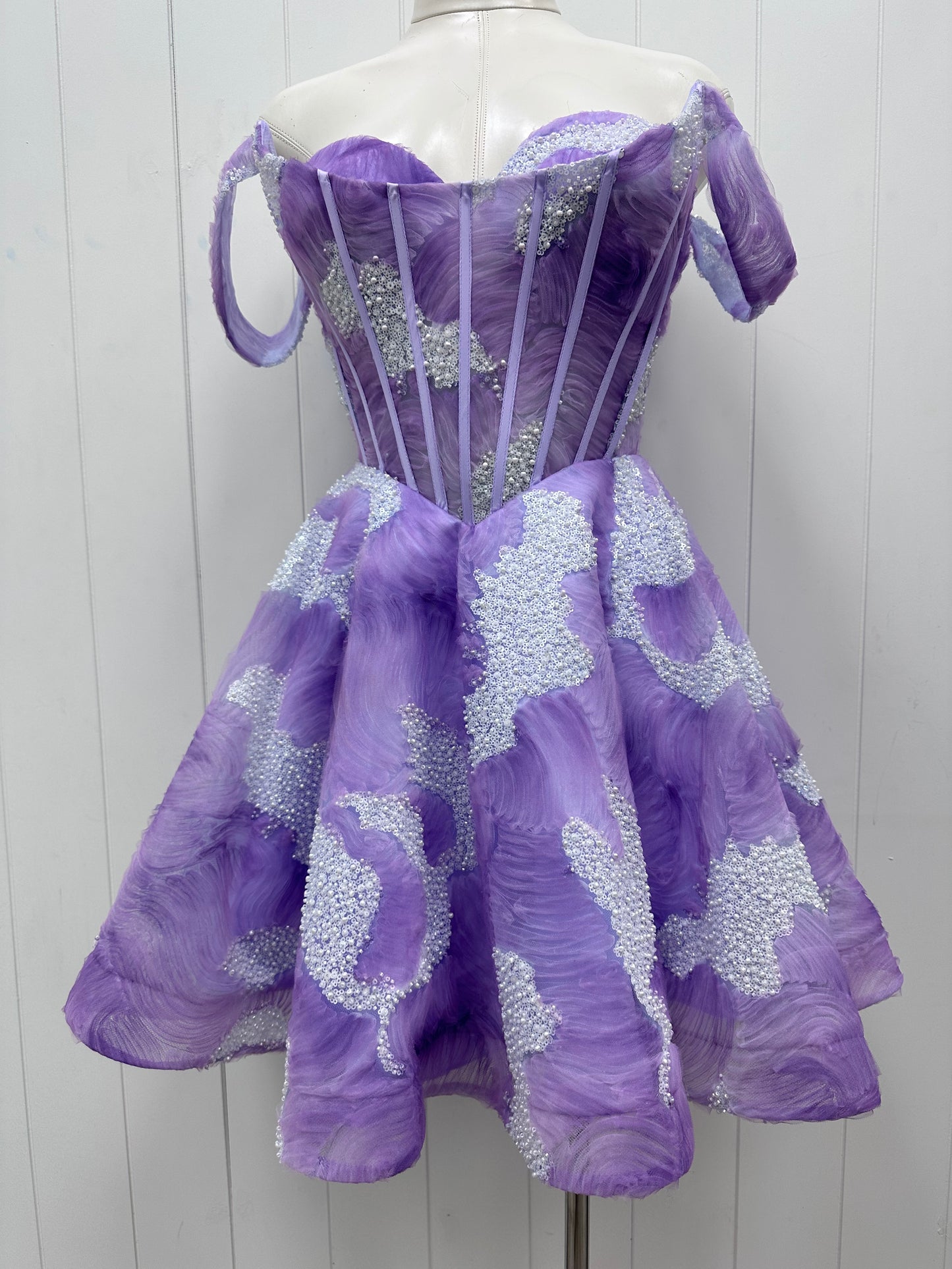 Purple Lavendar Off the Shoulder Embellished Corset Flare Party Dress