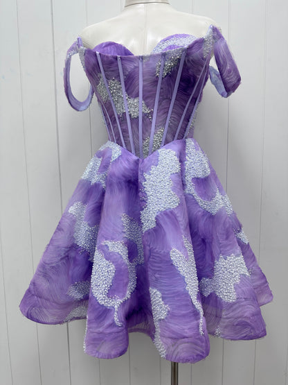Purple Lavendar Off the Shoulder Embellished Corset Flare Party Dress
