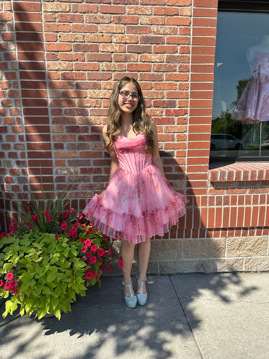 Pink Floral Flare Coquette Corset Dress