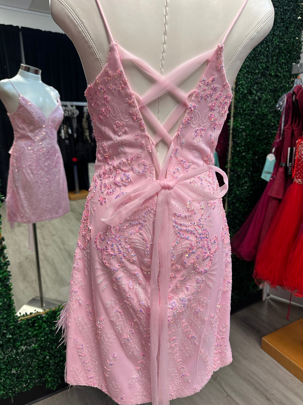 Light Pink Sequin Feather FItted Mini Dress