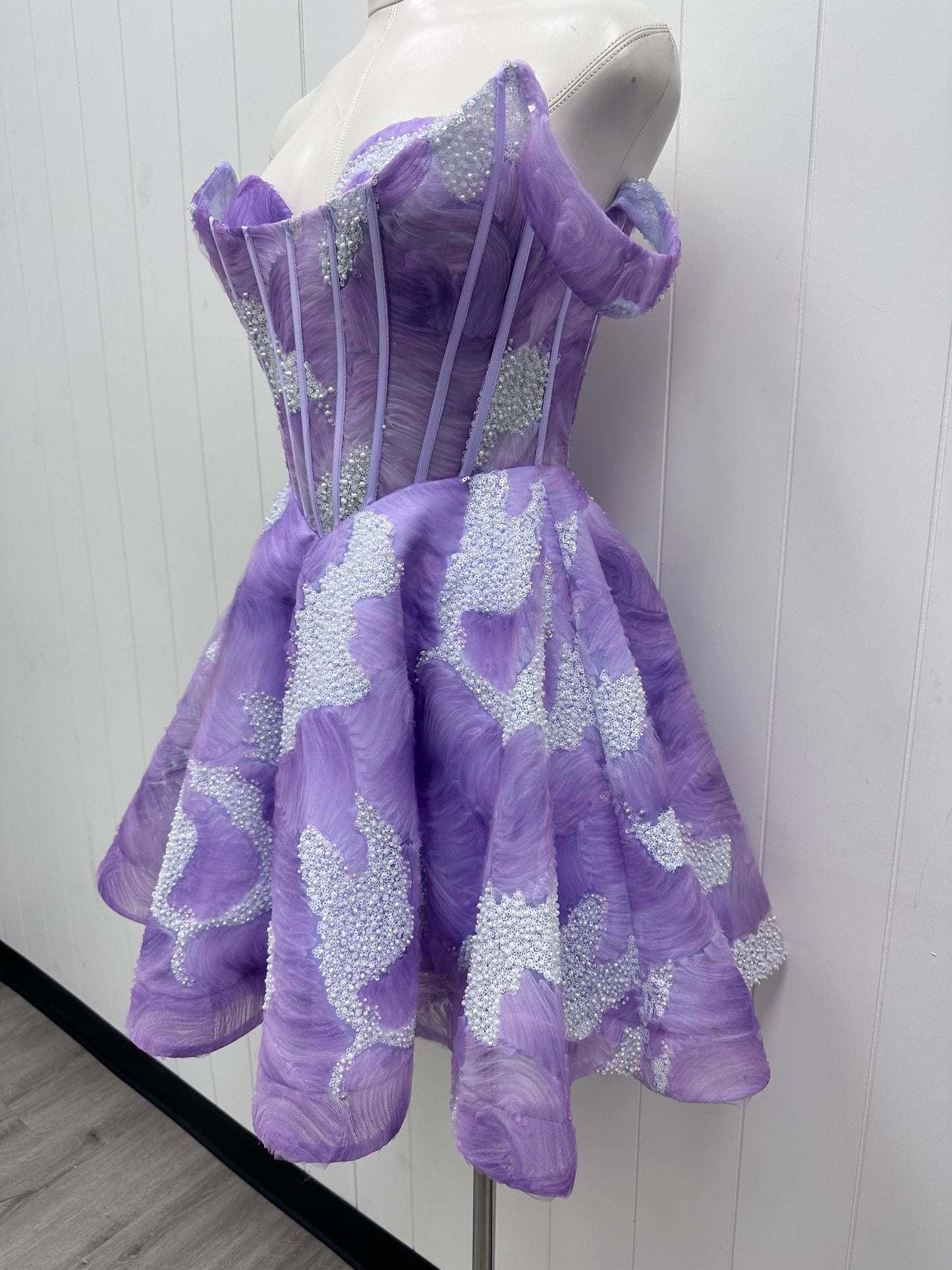 Purple Lavendar Off the Shoulder Embellished Corset Flare Party Dress