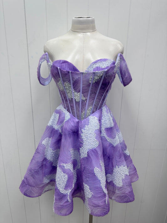 Purple Lavendar Off the Shoulder Embellished Corset Flare Party Dress