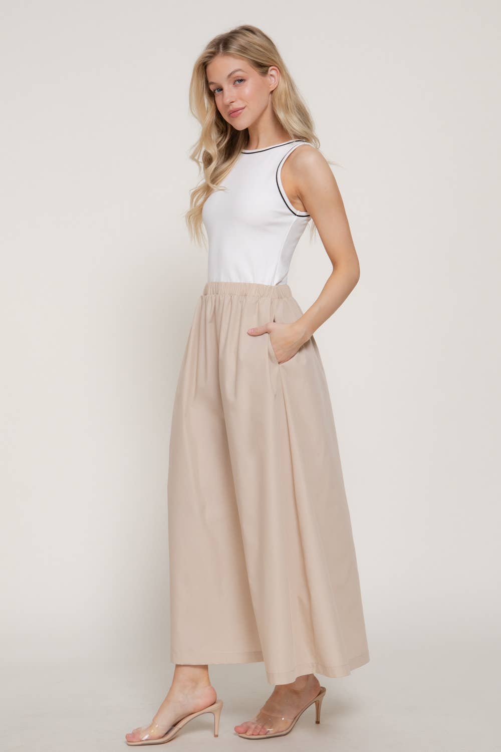 Sleeveless Piping Knit Top Contrast Woven Long Dress