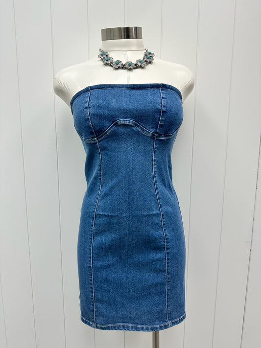 Denim Strapless Fitted Dress