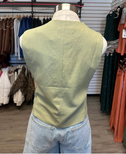 Green Linen Button Up Vest