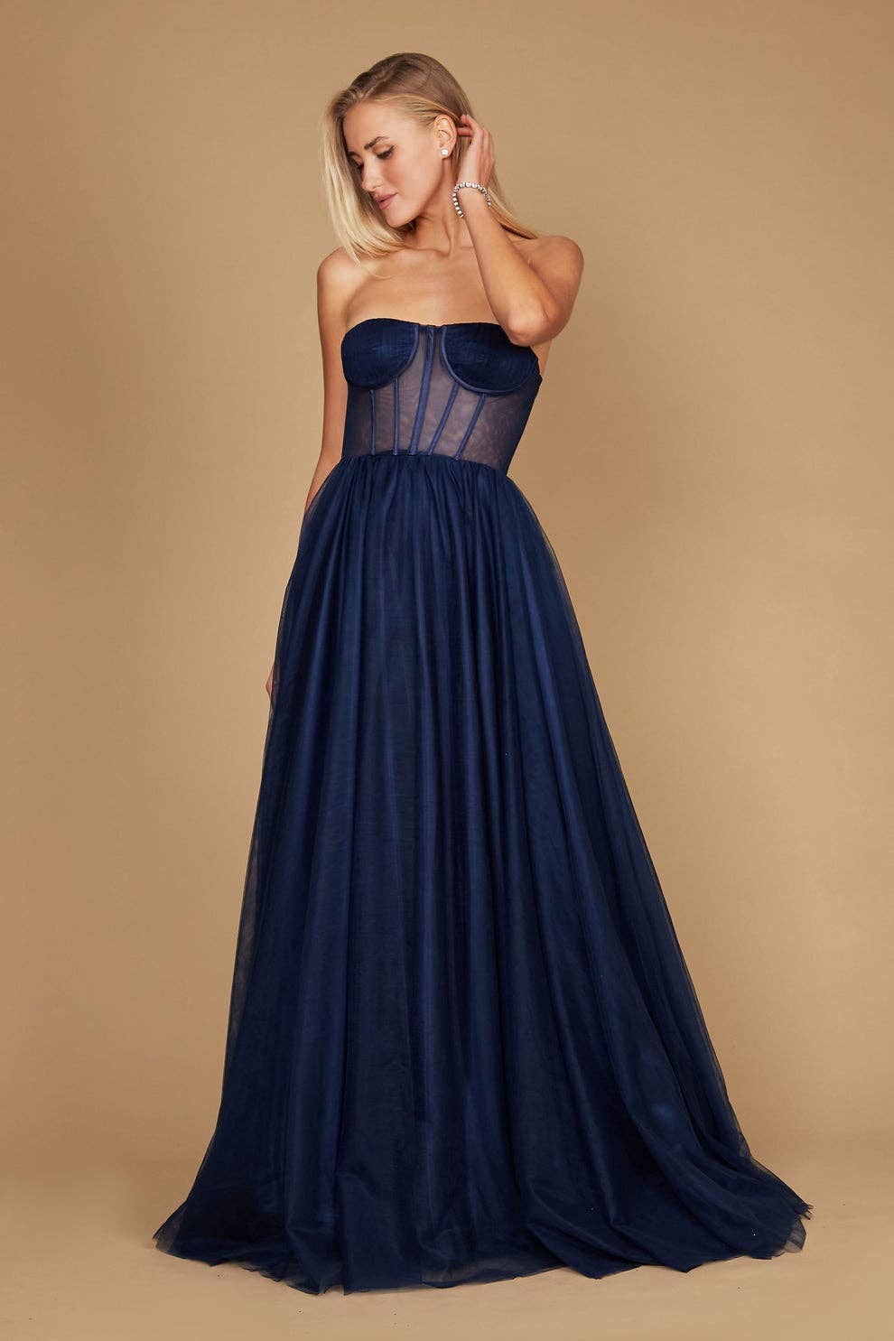 Flowy Strapless Corset Navy Formal Dress