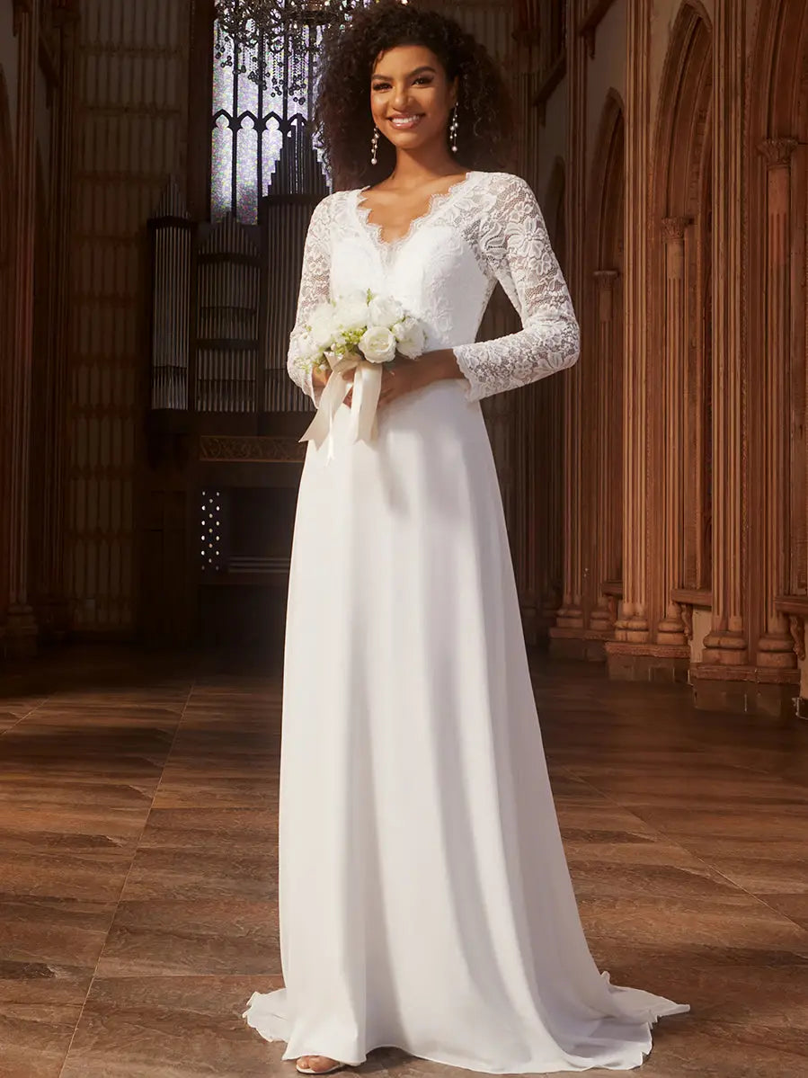 Elegant Hollow Lace V-Neck Wedding Dress