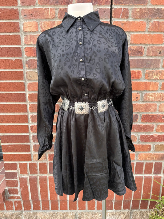 Black Animal Print Collared Long Sleeve Dress