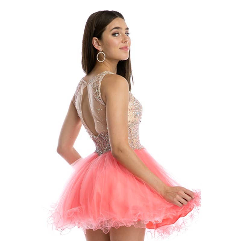 Sleeveless Beaded Short Tulle Dress