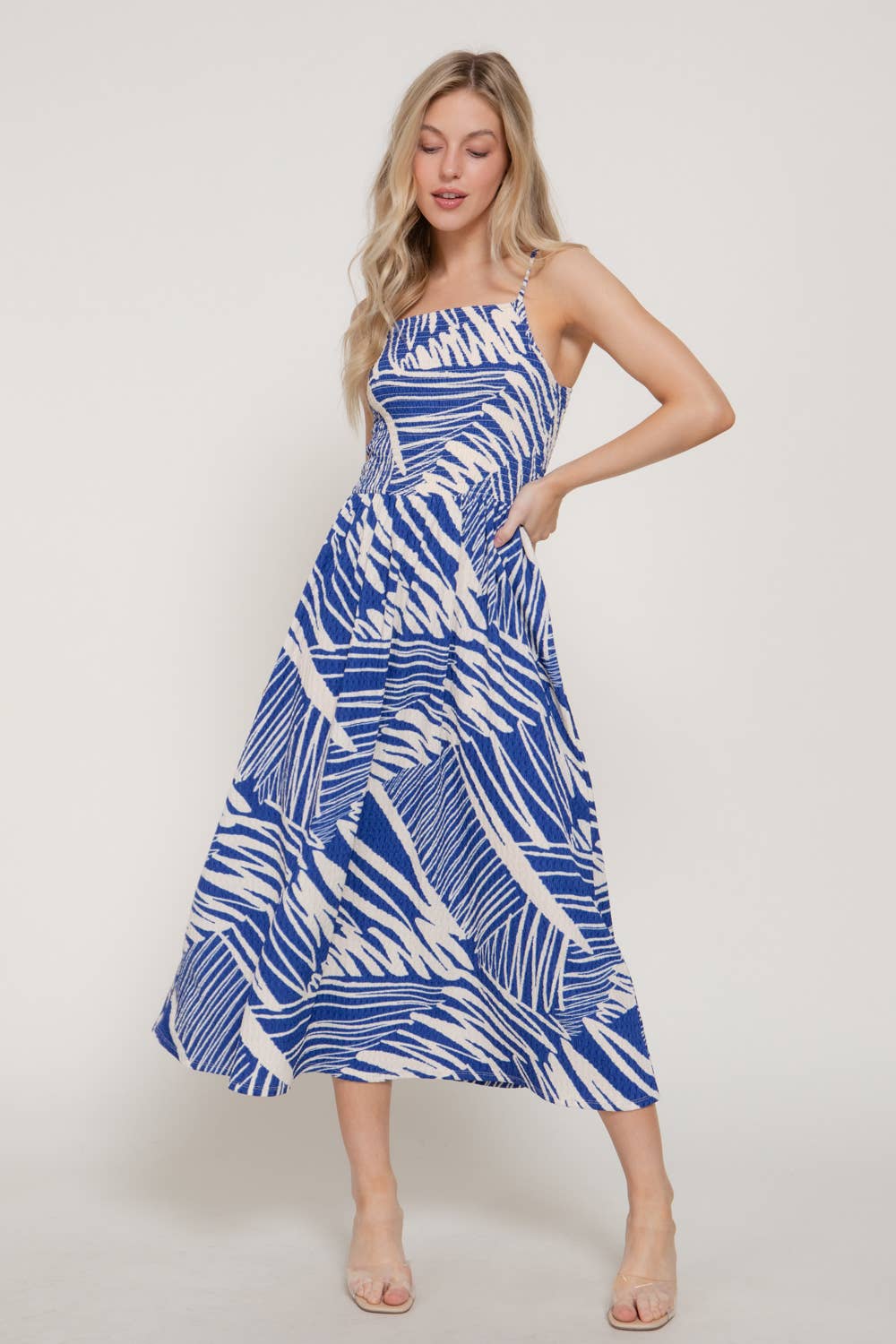 Smocking Detail Printed Texture Knit Cami Long Dress