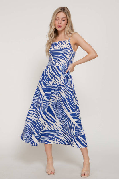 Smocking Detail Printed Texture Knit Cami Long Dress