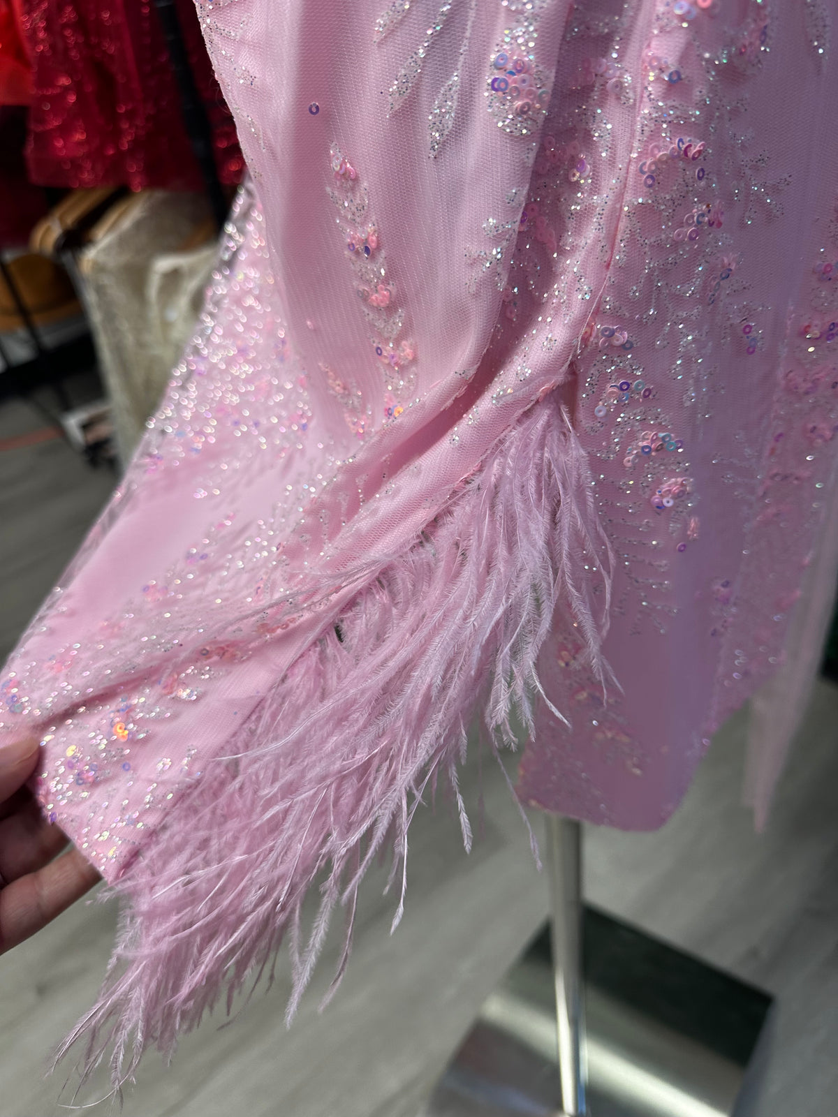 Light Pink Sequin Feather FItted Mini Dress