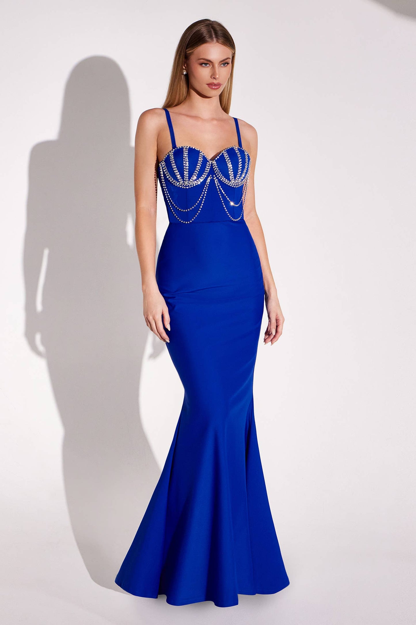 FITTED BUSTIER DRESS WITH BEADED BODICE & BACK CUT OUT