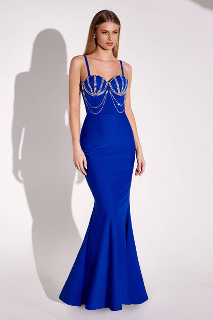 FITTED BUSTIER DRESS WITH BEADED BODICE & BACK CUT OUT