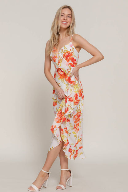 Floral Printed Ruffle Slip Midi Dress