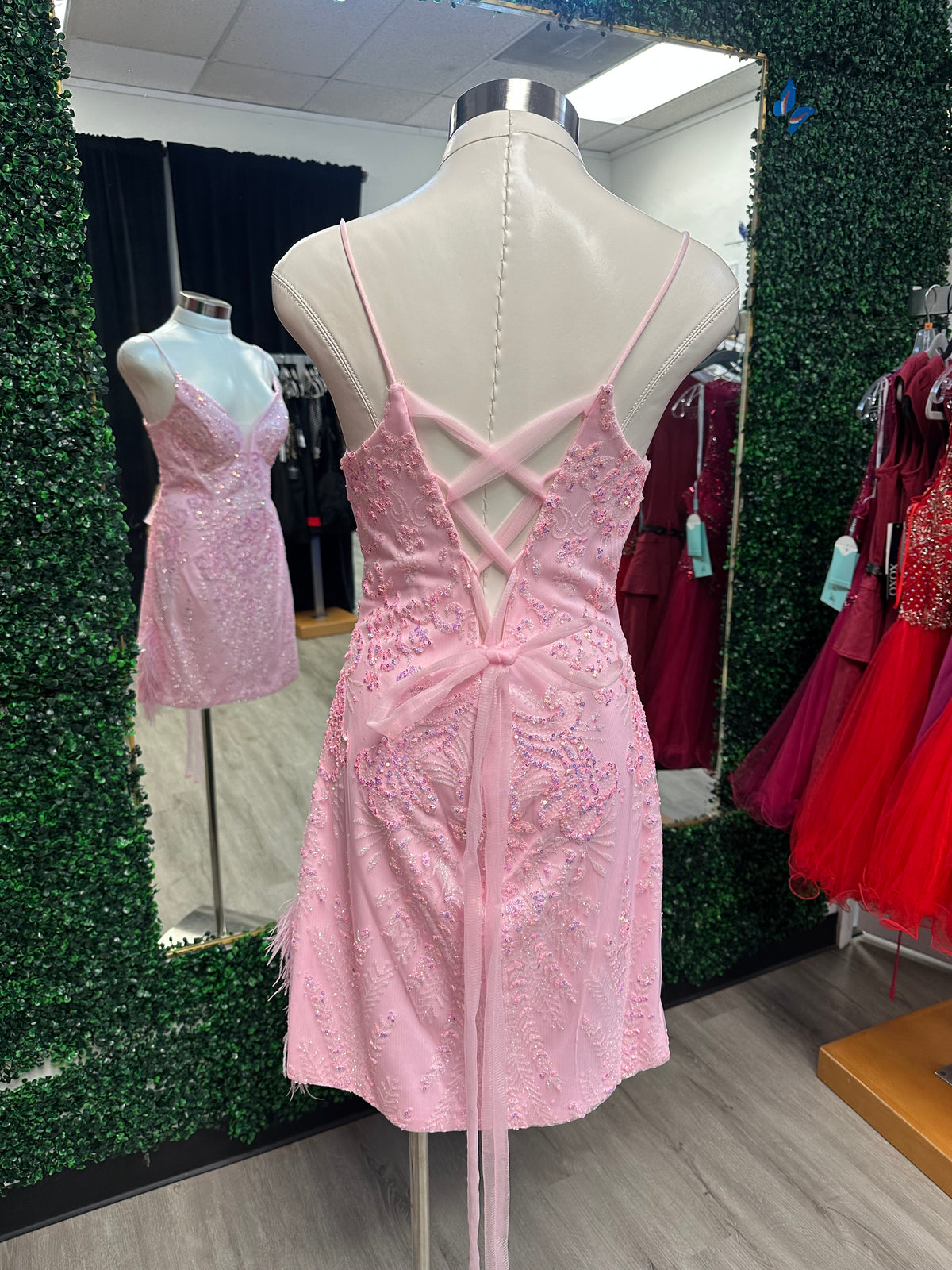 Light Pink Sequin Feather FItted Mini Dress
