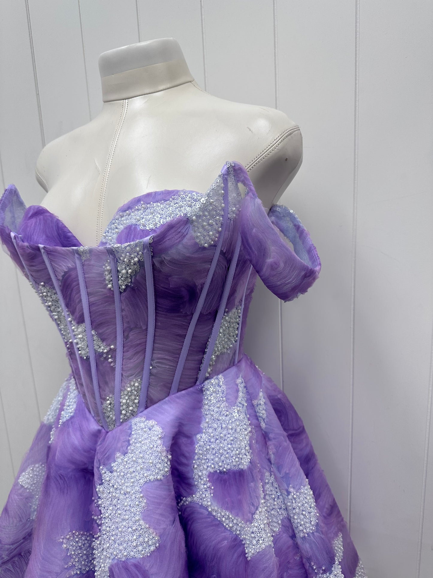 Purple Lavendar Off the Shoulder Embellished Corset Flare Party Dress