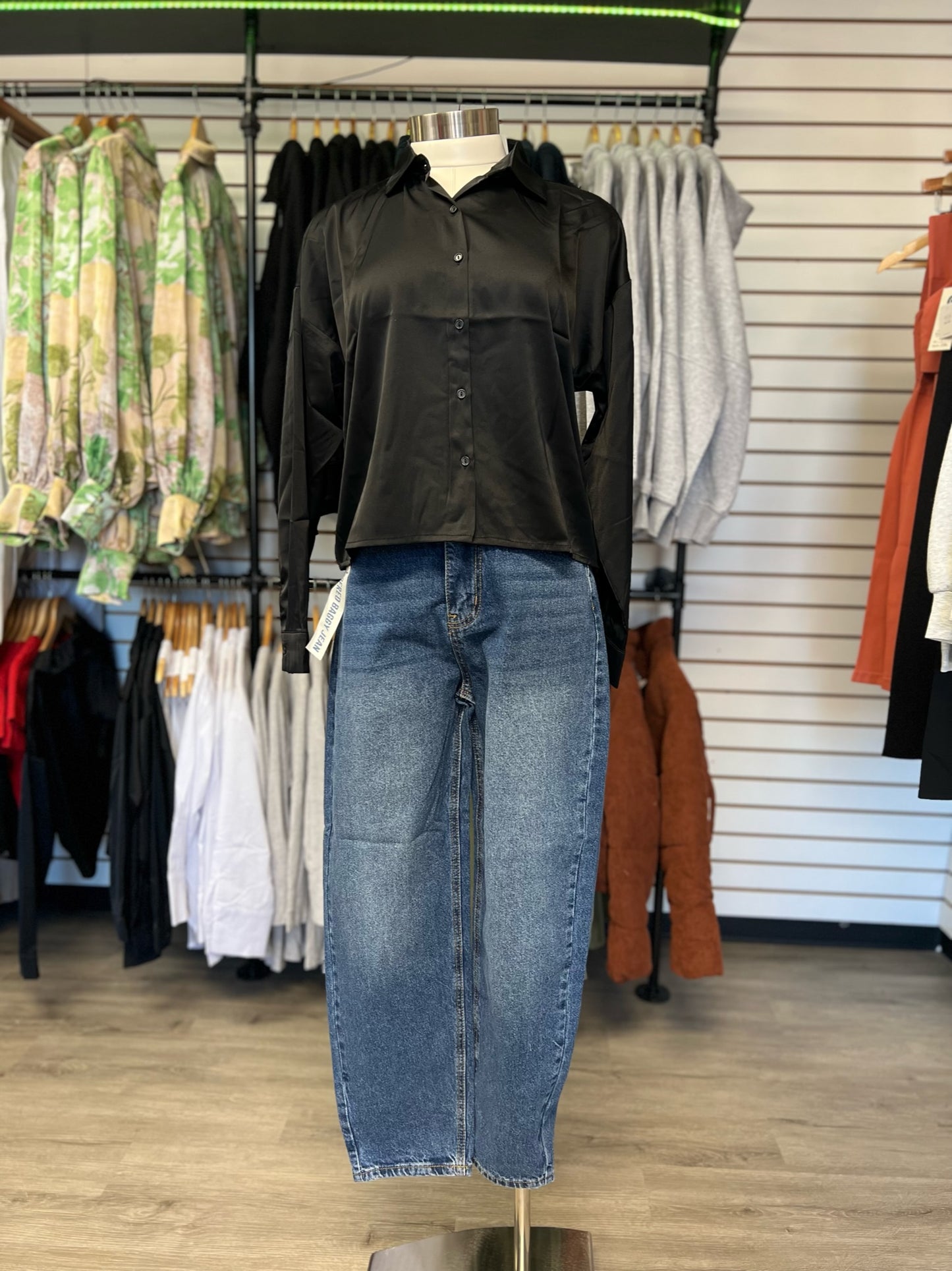 The Black Satin Cropped Button Up Blouse