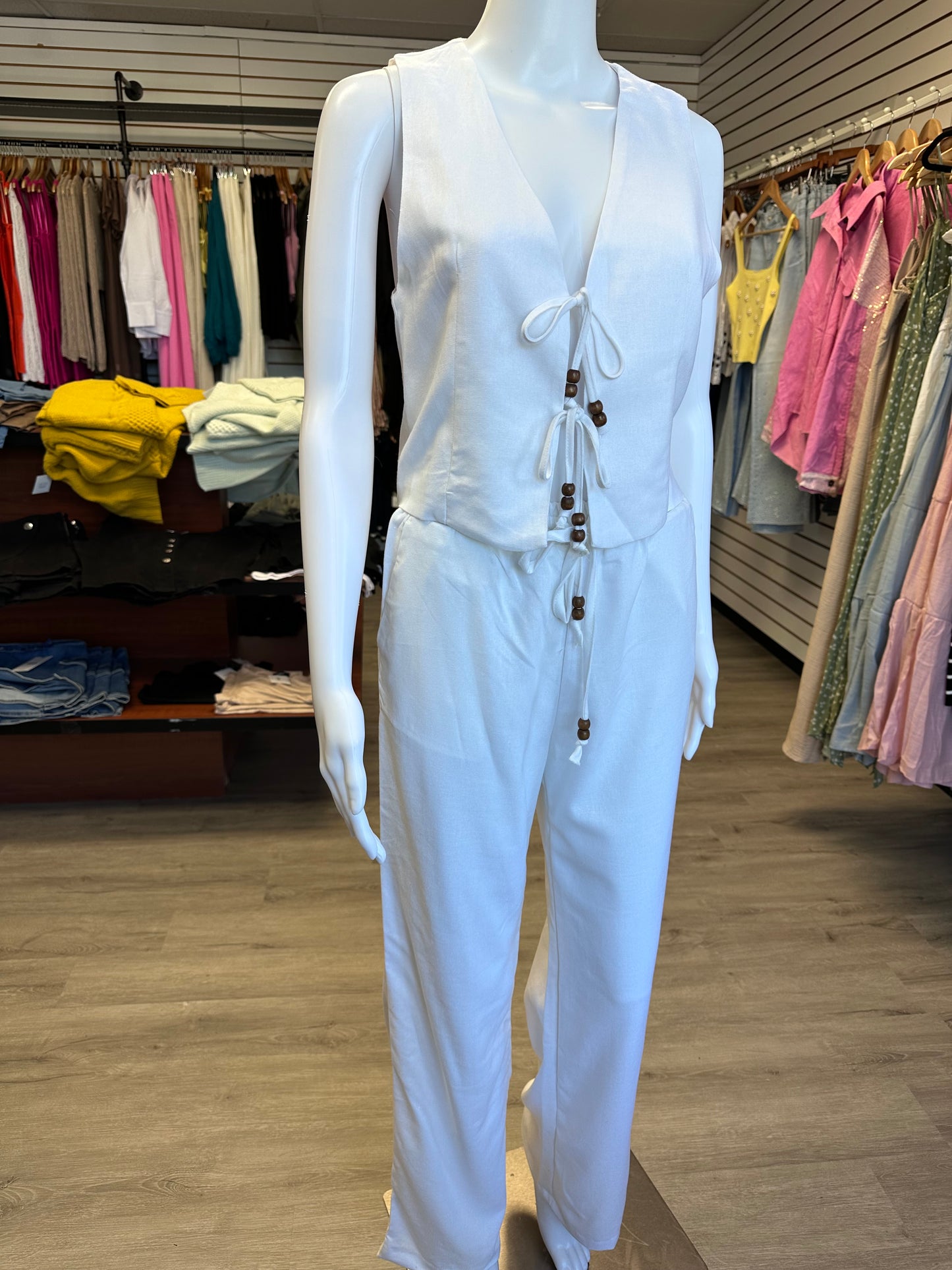 White Linen Beaded Pants