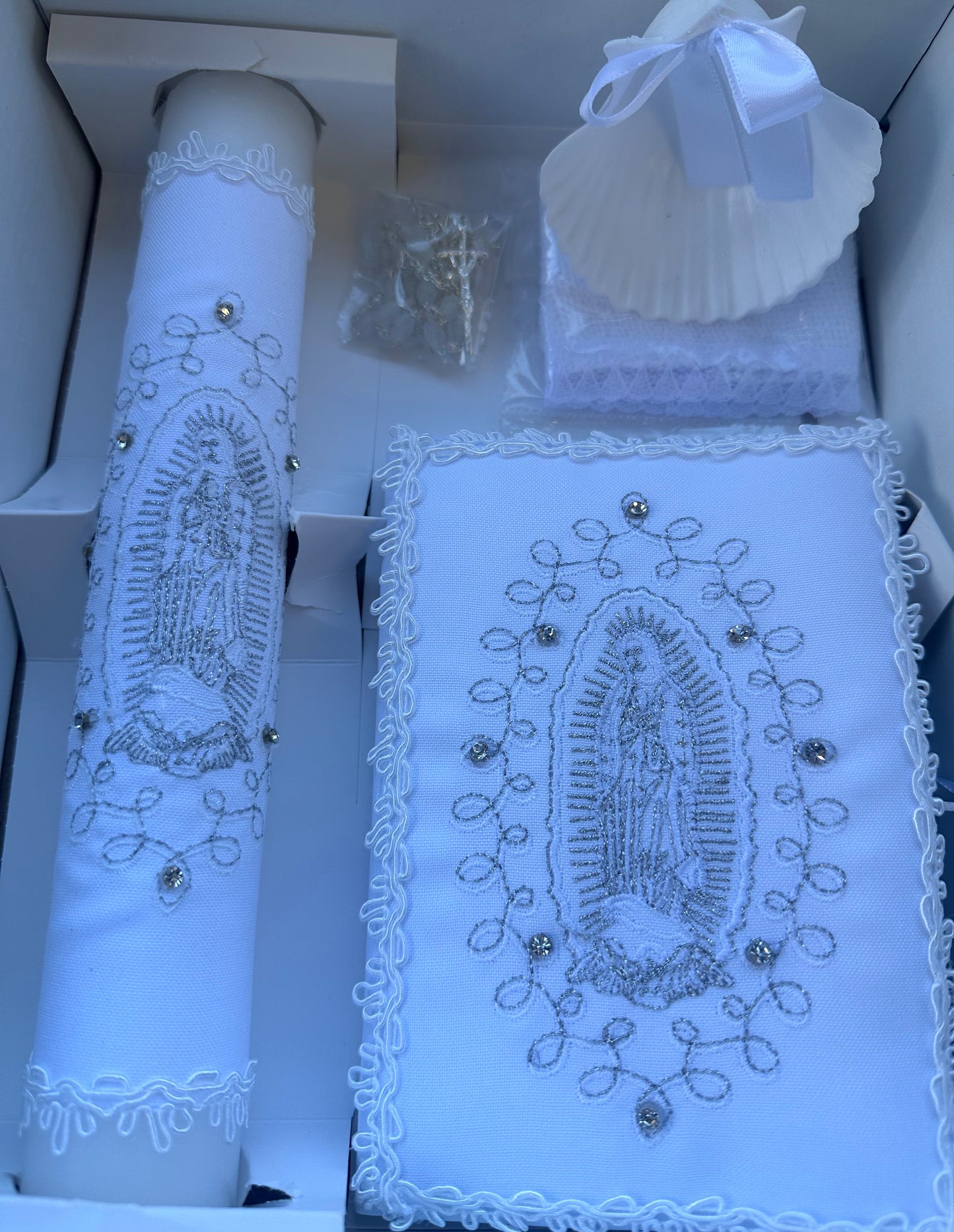 Baptism White Silver Virgin Mary Embroidered Candle Set
